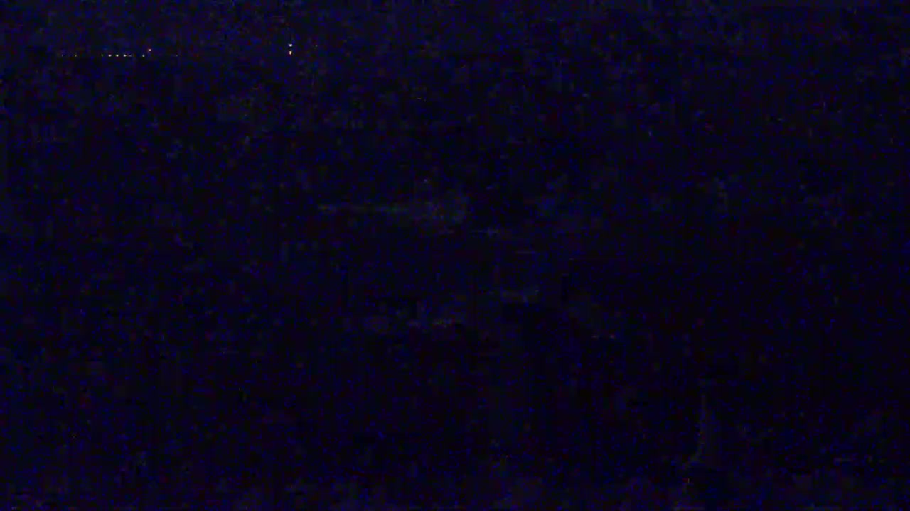 A dark, nighttime scene shows a blurry landscape with a few faint lights in the distance.