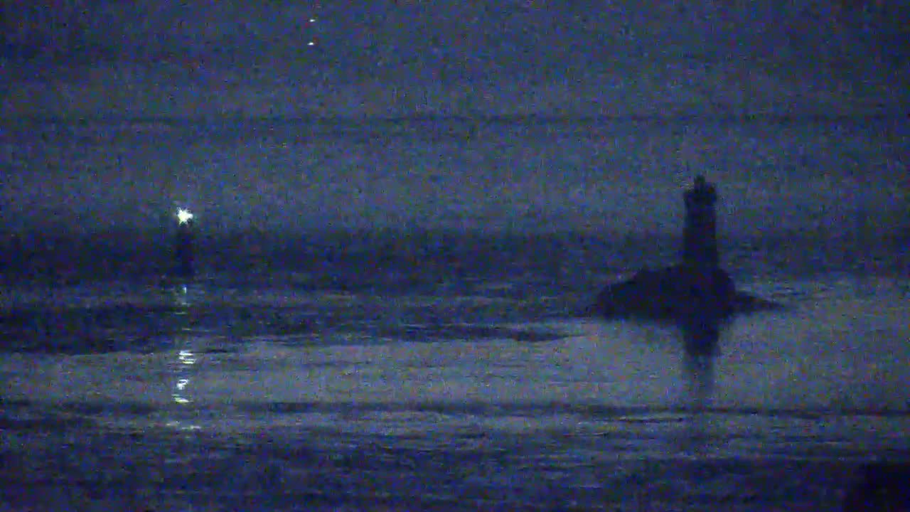 Two dark, distant figures, possibly lighthouses, stand in a dark, calm body of water under a night sky.