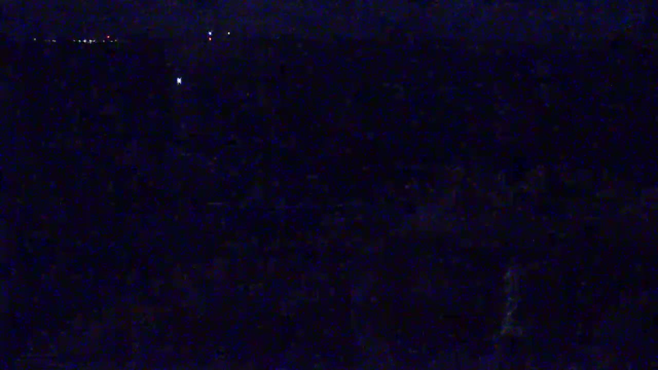 A dark, nighttime scene shows a large, indistinct mass of people or objects in the distance, with a few faint lights visible in the background.