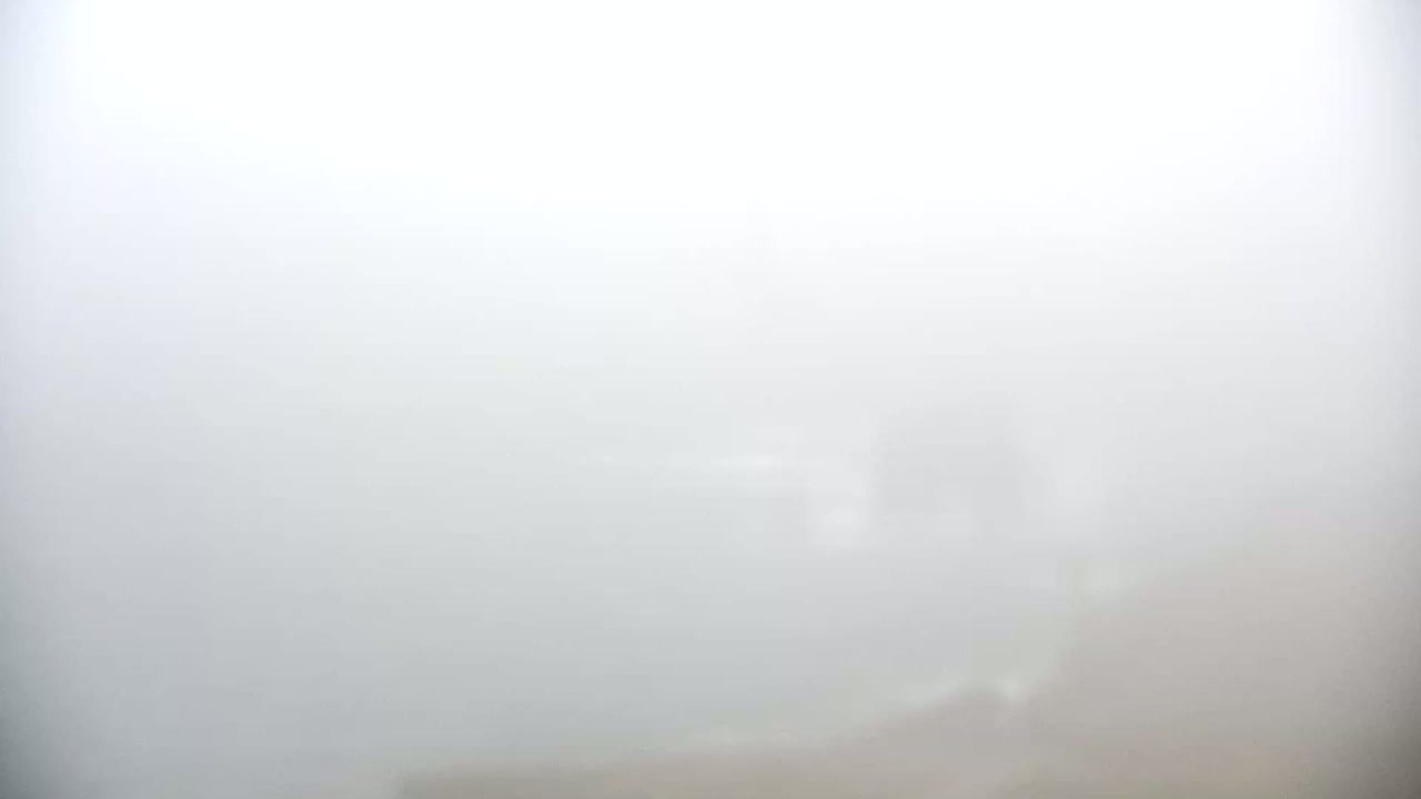 A blurry view of indistinct buildings is visible through a thick fog.