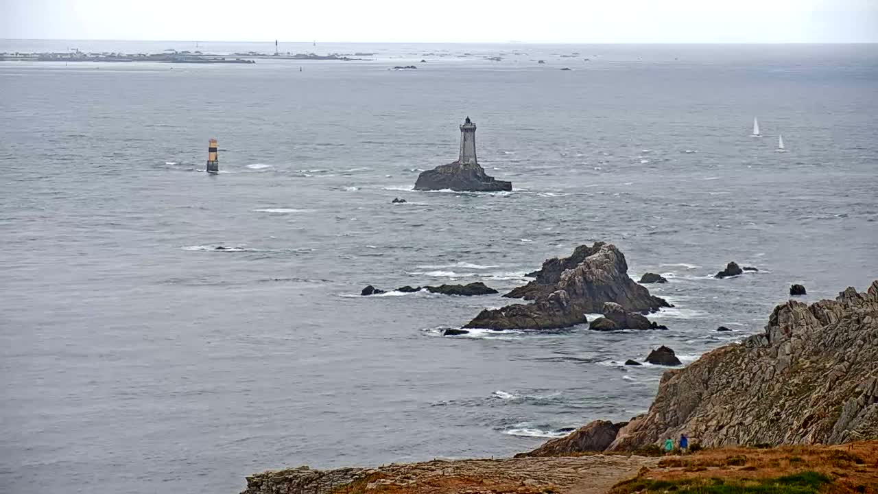 A rocky coastline with a lighthouse on a small island in the distance, two sailboats on the ocean, and two people walking along a path on a cliff.