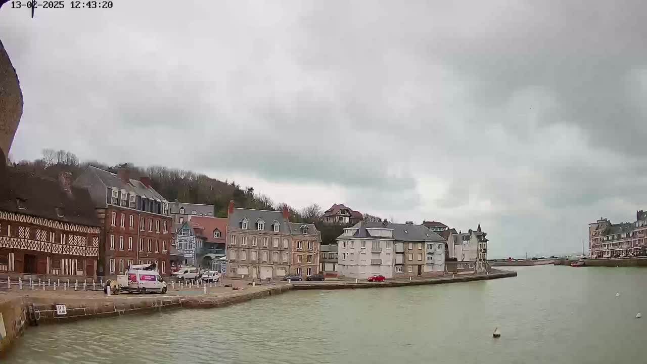 A waterfront town with several multi-story buildings is visible under an overcast sky.