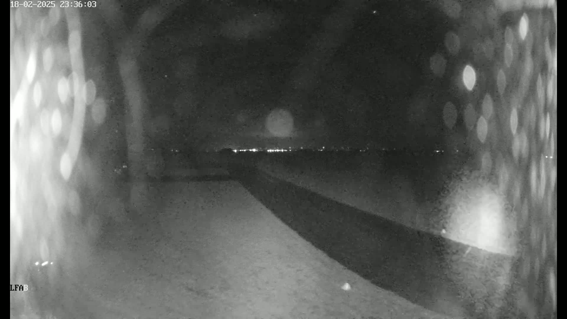 A nighttime, low-light image shows a dark road extending toward a distant, faintly lit horizon under a clear sky.