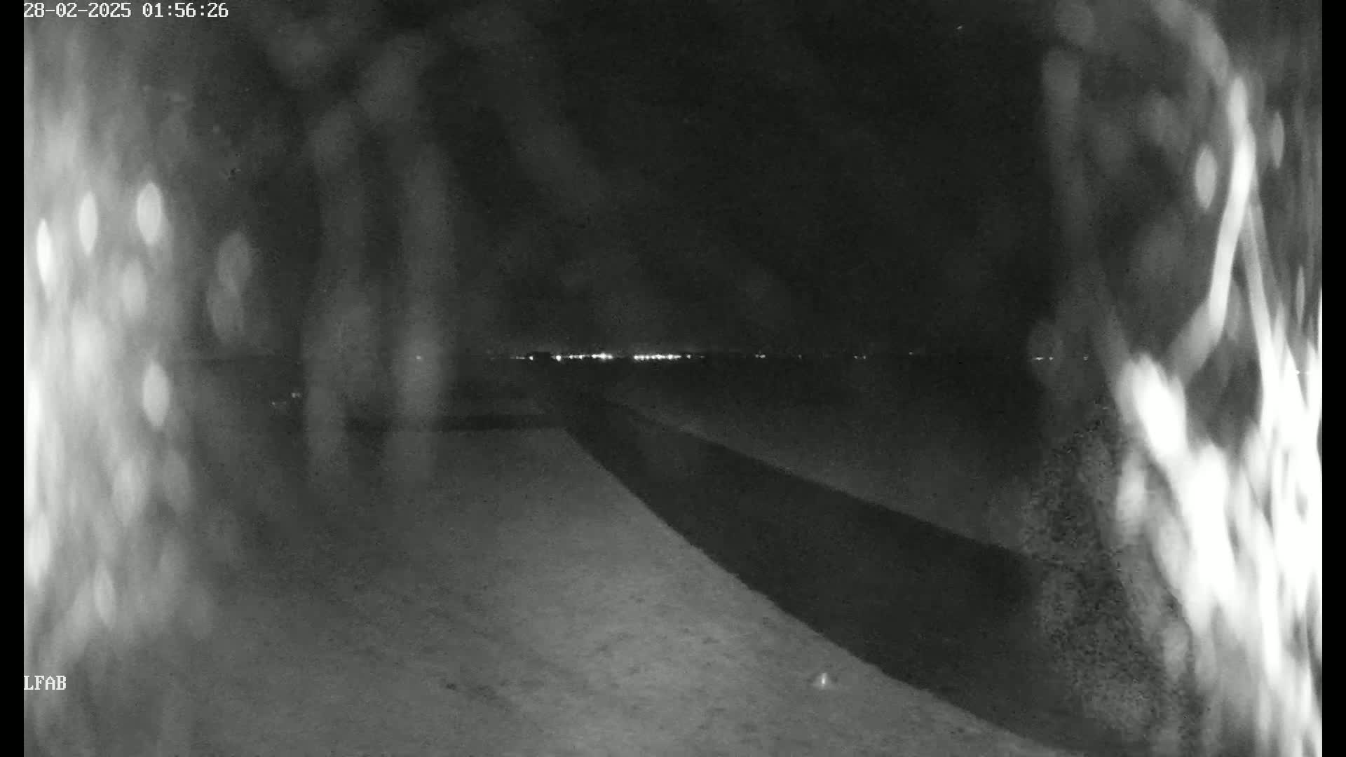 A nighttime, low-light image shows a dark, possibly paved, area extending into the distance where faint lights are visible on the horizon.