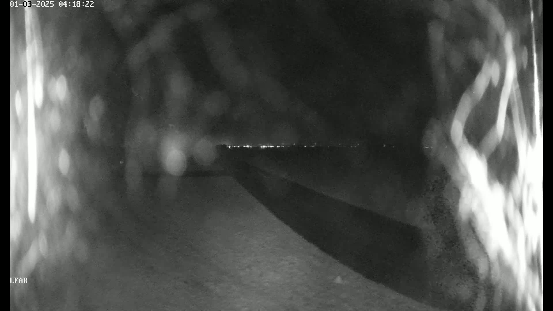 A nighttime, blurry, low-light image shows a dark road or path leading towards a distant line of lights under a dark sky.