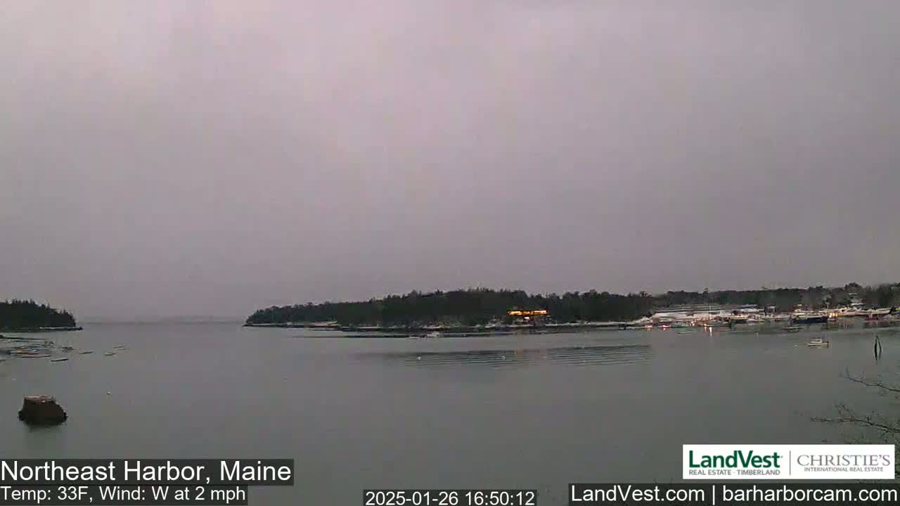 A calm harbor scene under an overcast sky shows snow-dusted land and a few boats.