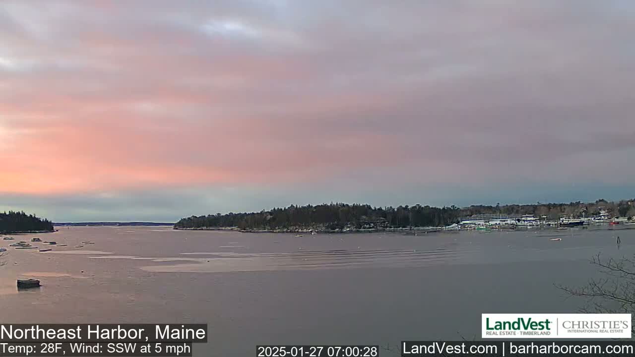 A calm harbor with a pinkish sunrise in the sky, a light wind blowing from the south-southwest at 5 mph, and a temperature of 28°F.
