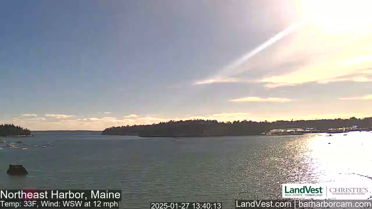 A calm harbor with a treeline on either side is seen under a mostly sunny sky with a slight wind.
