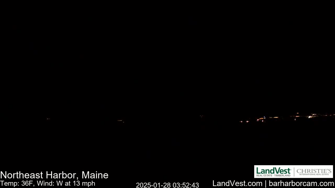 A nighttime long shot shows a distant line of faint lights across a dark, windy landscape with a temperature of 36°F.