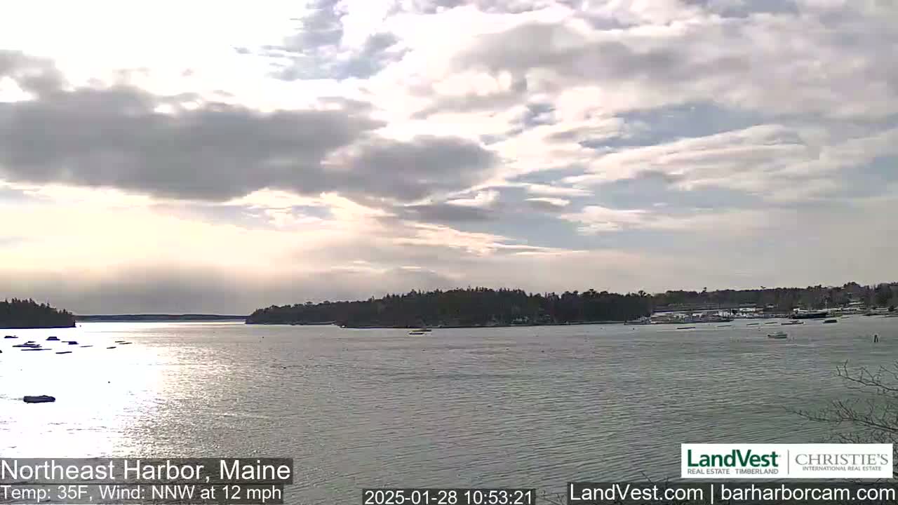 A calm harbor scene under a partly cloudy sky, with a gentle wind.