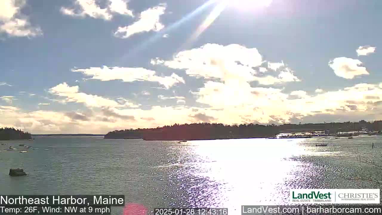 A partly sunny day with a northwest wind at 9 mph shows a calm harbor with a few boats, surrounded by dark green trees under a partly cloudy sky.
