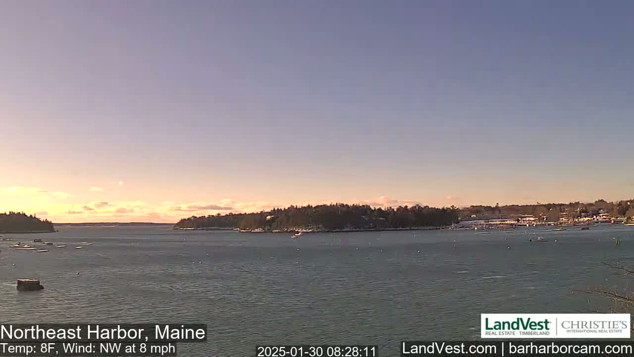 A calm harbor with a small town on the shore is visible at sunset under a clear, pale sky with a northwest wind blowing at eight miles per hour and a temperature of eight degrees Fahrenheit.