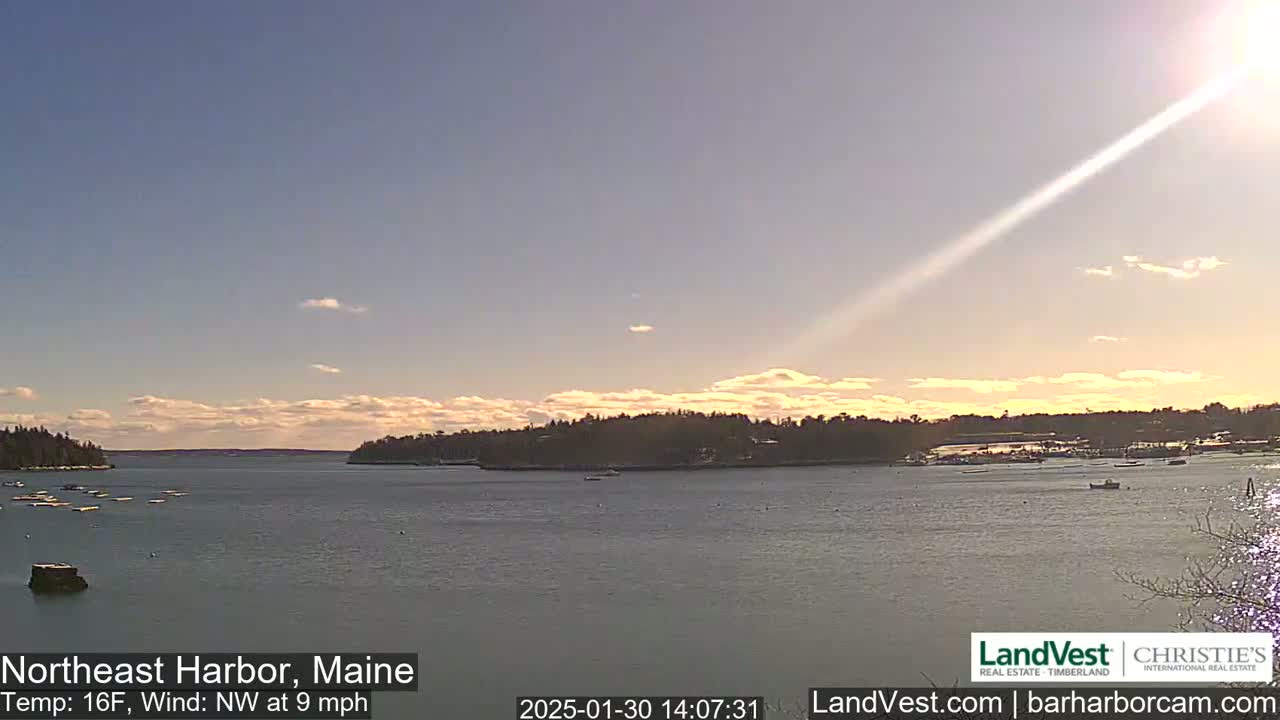 A partly cloudy sunset over a calm harbor with several boats, and land visible on either side.