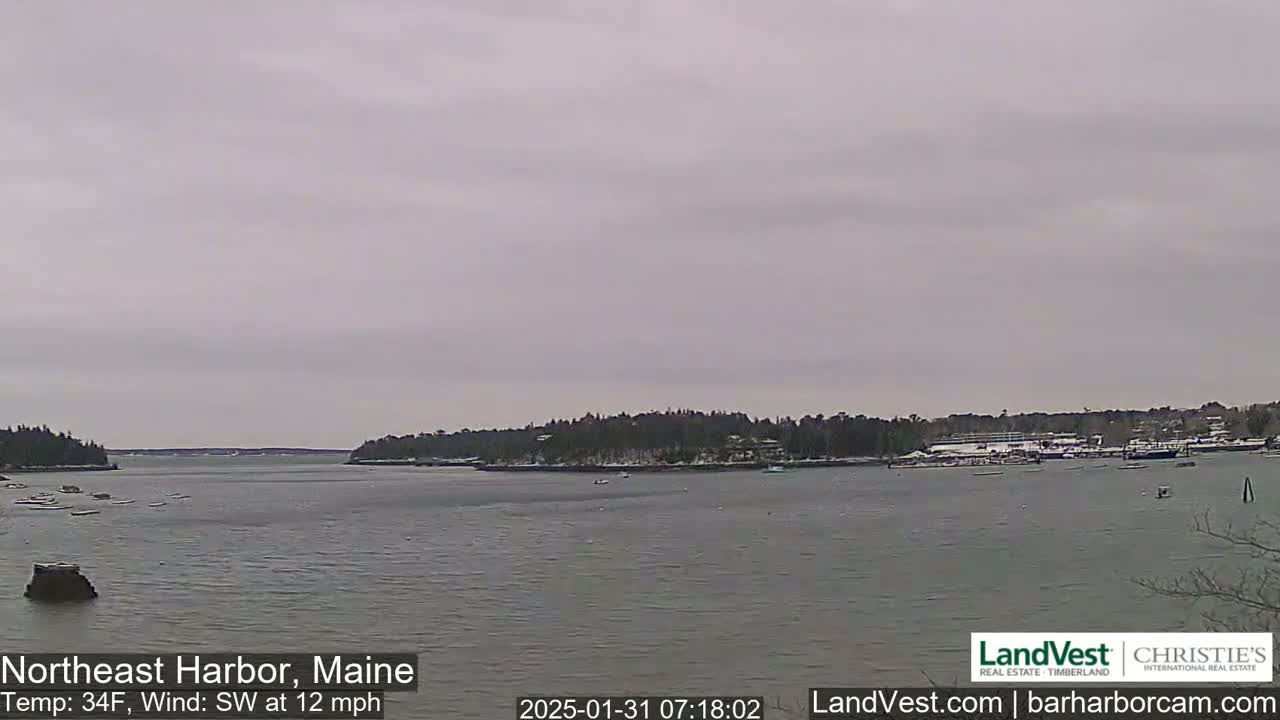 A calm harbor with a few boats is seen under an overcast sky, with a light dusting of snow on the distant shoreline.