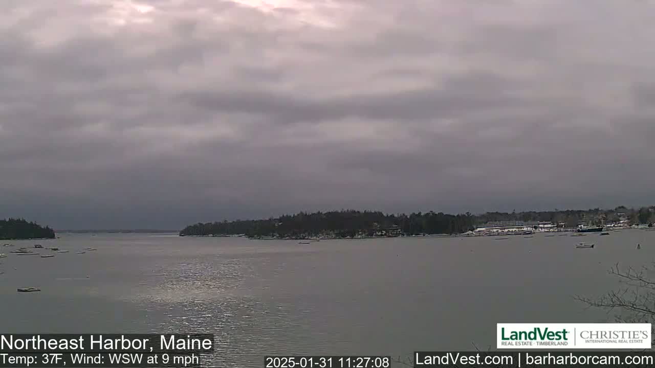 A calm harbor with a few boats is seen under an overcast sky.