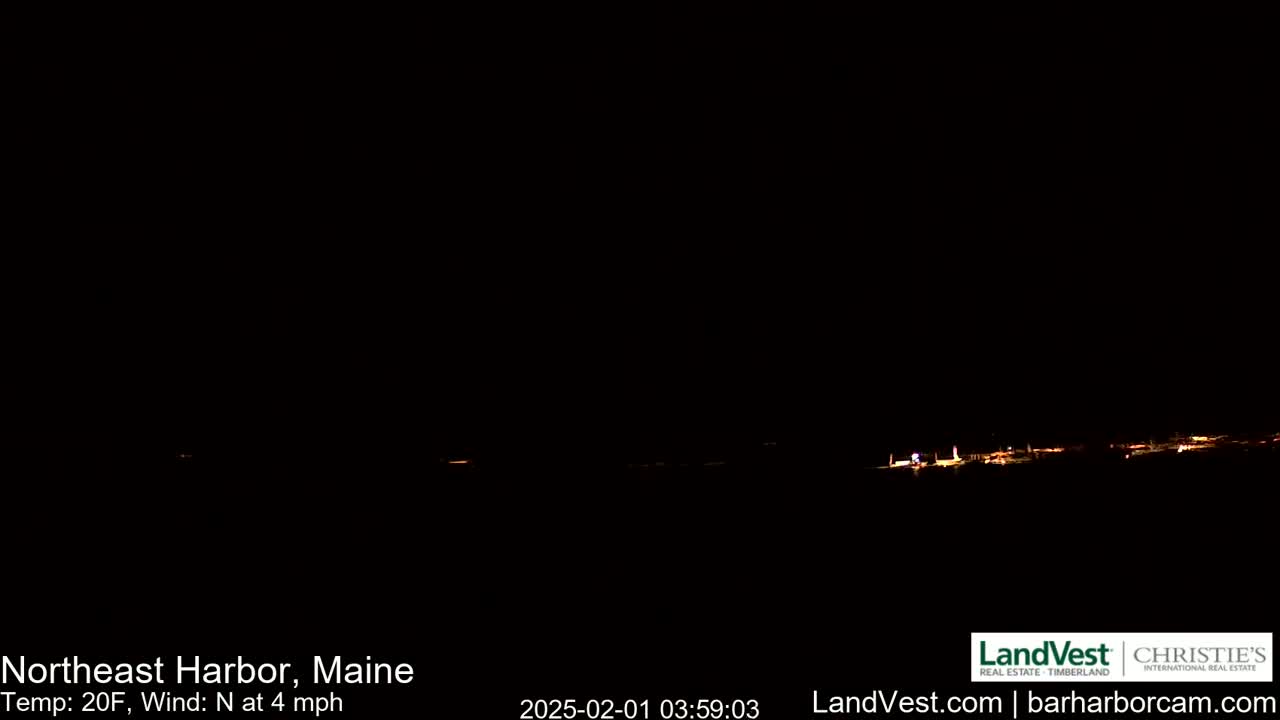 A dark nighttime scene shows a distant, dimly lit town under a clear, black sky with a northerly wind of 4 mph and a temperature of 20°F.