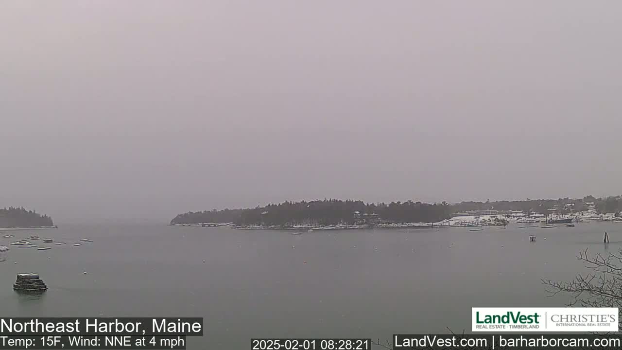 A snow-covered harbor scene is visible under an overcast sky, with a light wind and a temperature of 15 degrees Fahrenheit.