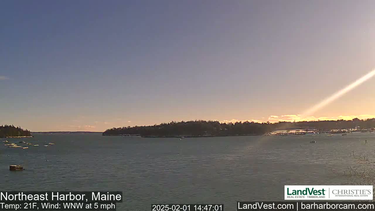 A calm body of water, under a mostly clear sky with a sunset glow, shows a harbor scene with several boats and a shoreline with trees.