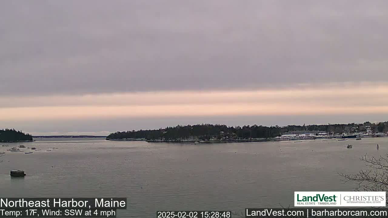 A calm harbor with snow-dusted land on either side under a pale, overcast sky.