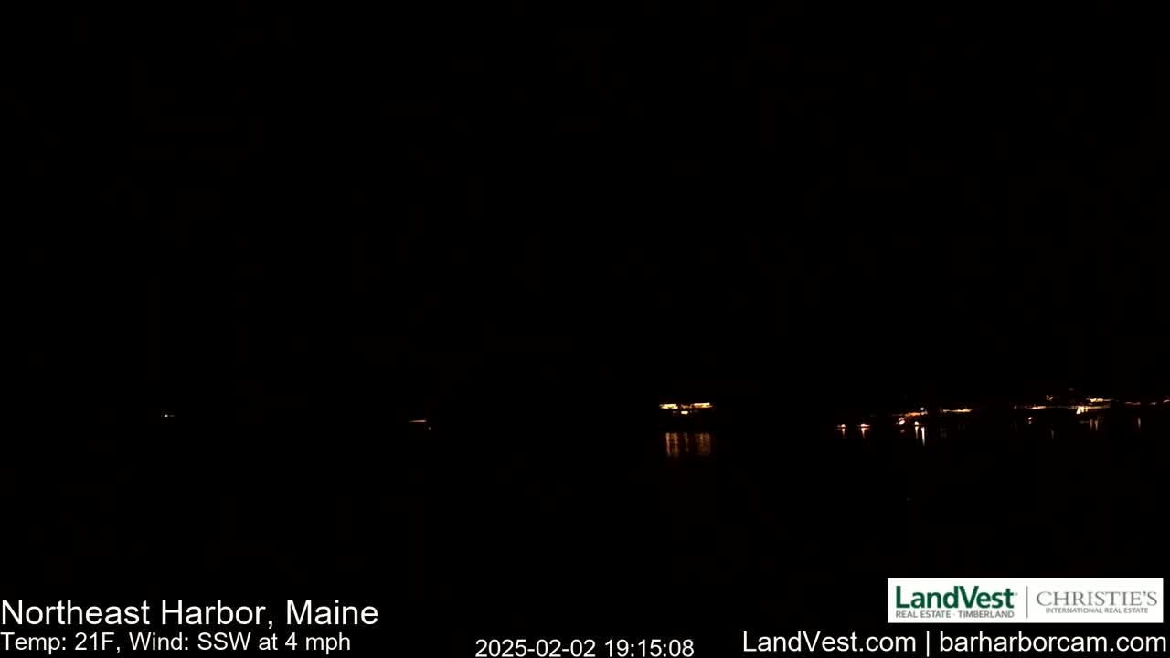 A nighttime view of a dark body of water with faintly visible lights on the far shore under a clear, dark sky.