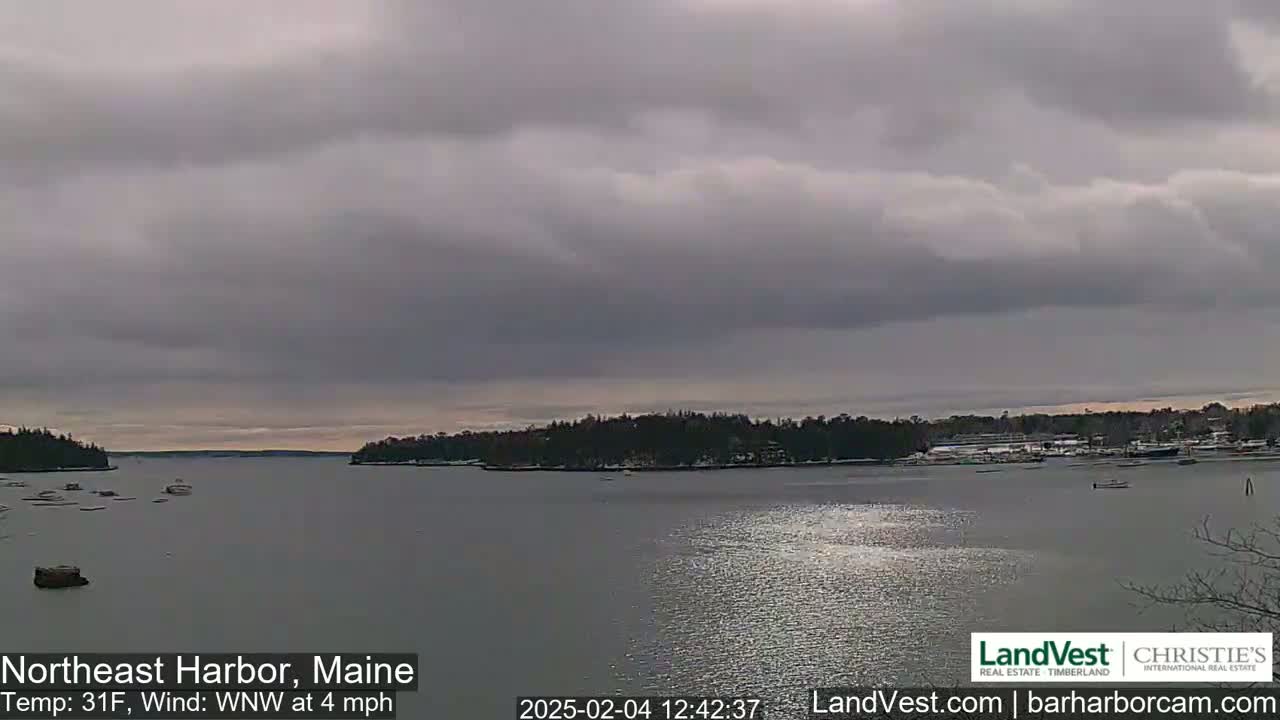 A calm harbor with a few boats is viewed under an overcast sky, with a light wind.