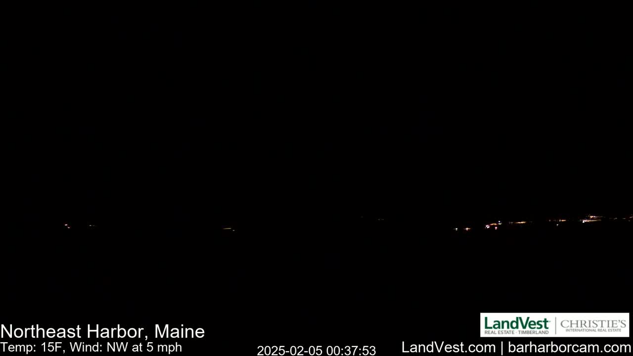 A dark nighttime scene shows a distant line of faint lights under a clear, black sky with a temperature of 15°F and a northwest wind of 5 mph.