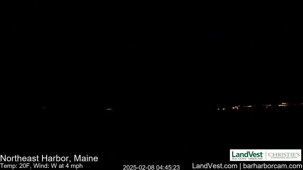 A dark, nighttime scene shows a faint line of distant lights on the horizon, with a 20°F temperature and a 4 mph west wind.