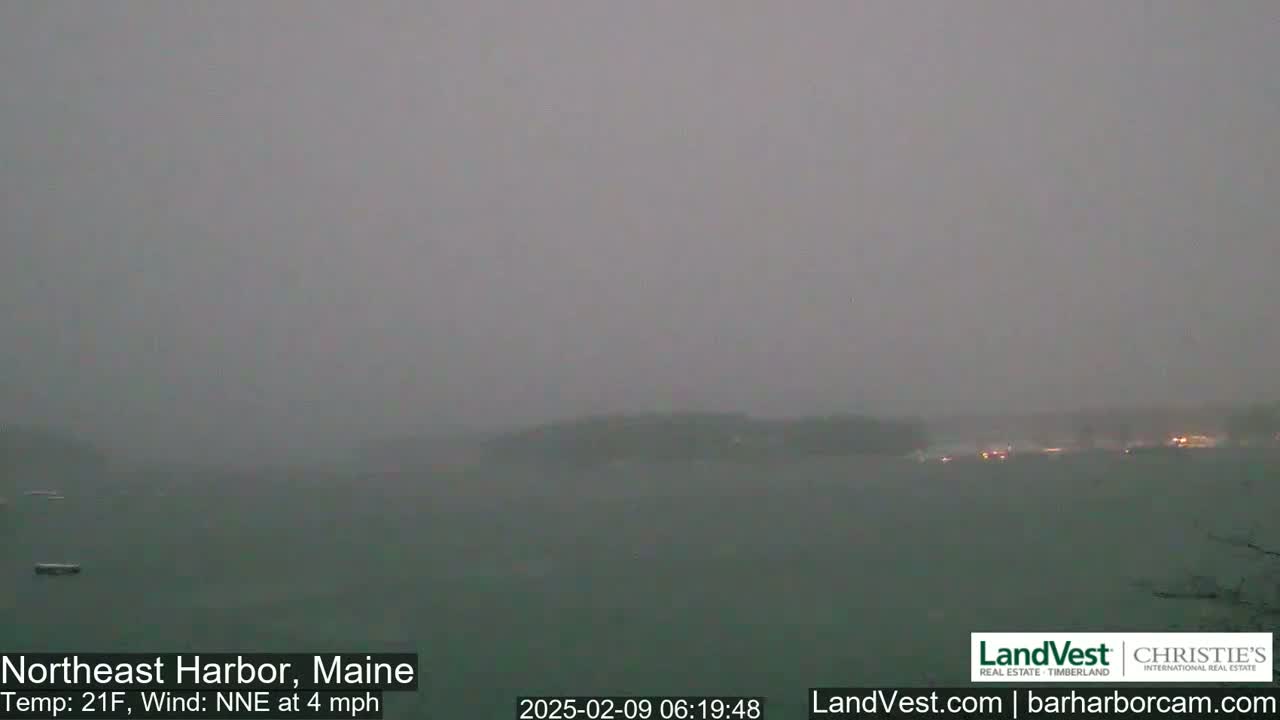 A hazy, overcast view of a body of water with a distant shoreline under a gray sky.