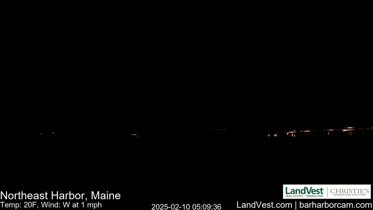 A dark nighttime scene shows a faint line of distant lights across a body of water, with a 20°F temperature and a 1 mph west wind.