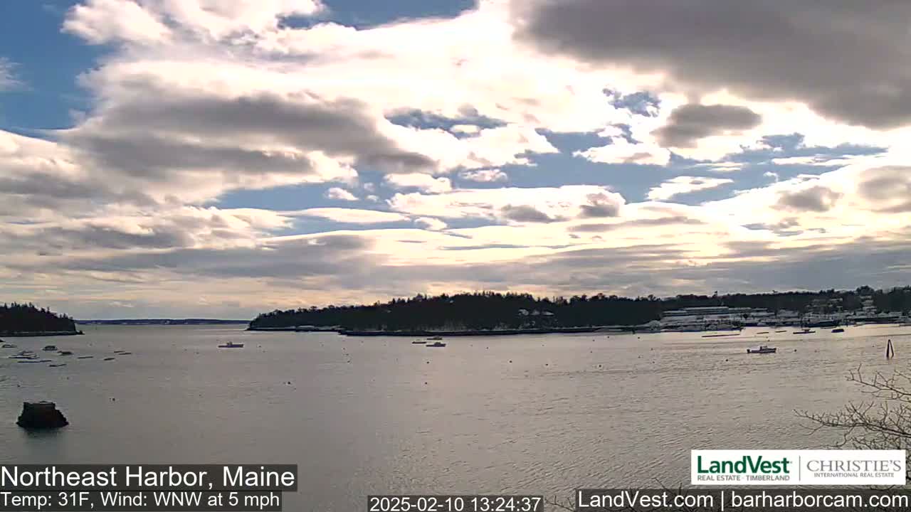 A calm bay with a few boats, surrounded by snow-dusted trees under a partly cloudy sky.