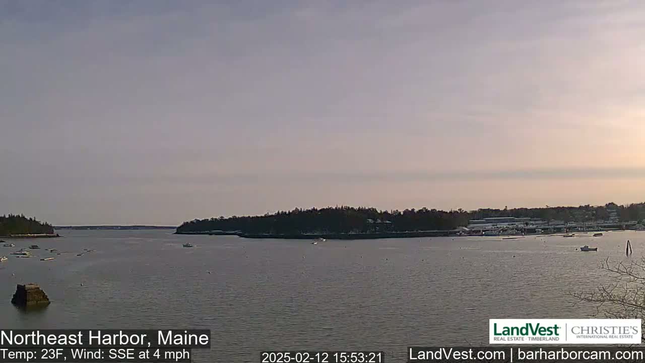 A calm harbor with a few boats is seen under a light, overcast sky.