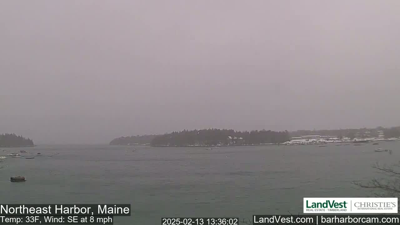 A snow-covered harbor scene shows a calm body of water with several small boats, surrounded by a lightly snow-dusted shoreline with dark green trees under an overcast sky.