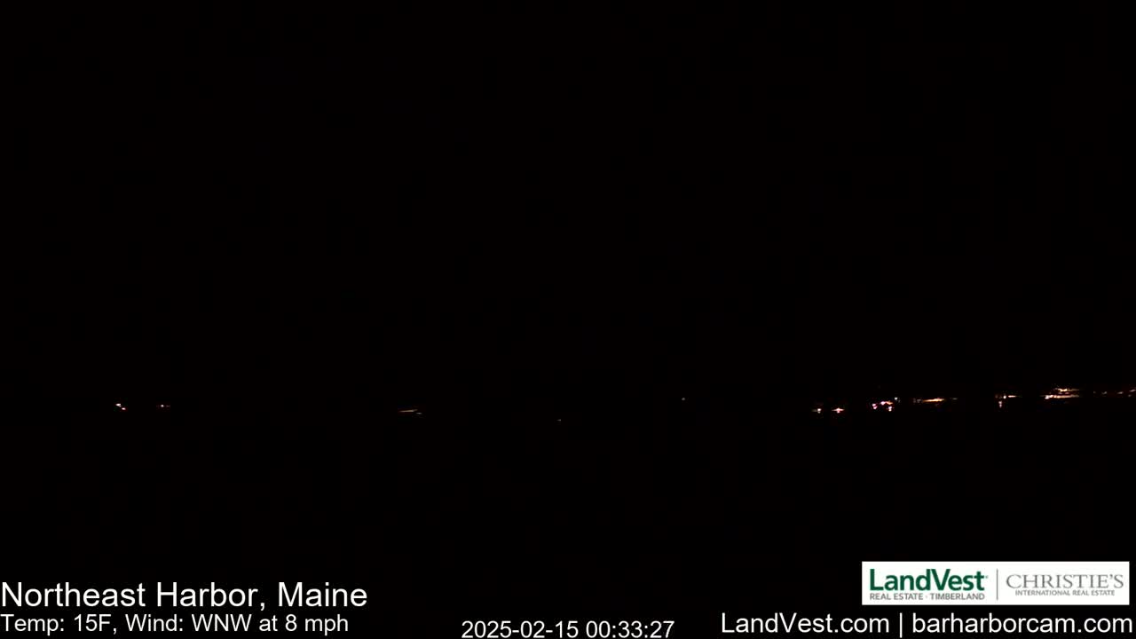 A dark, nighttime scene shows a distant line of faint lights across a dark horizon under a clear, cold sky with a wind from the west-northwest at 8 mph.