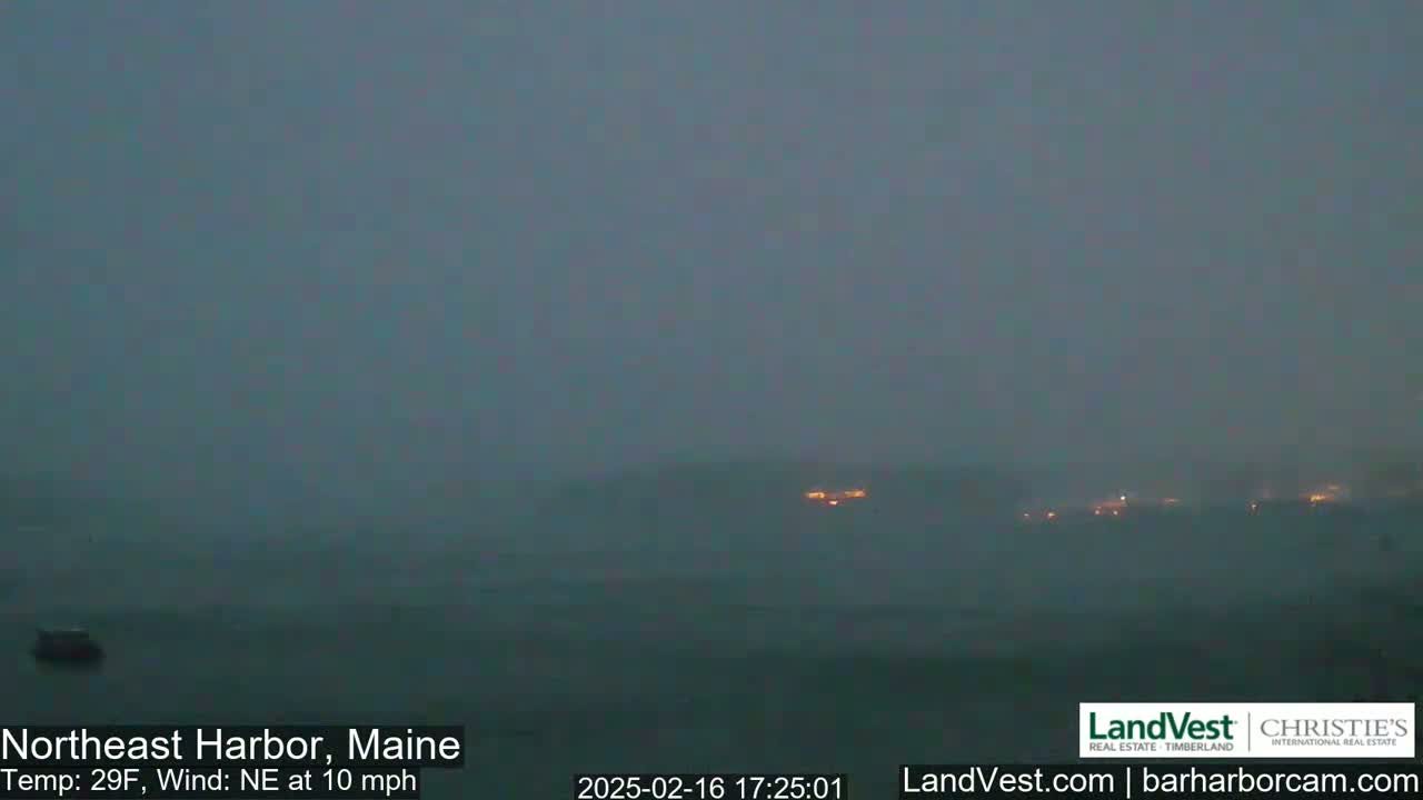 A hazy, dark gray coastal scene shows a body of water with a few distant lights and a small boat in the foreground under a northeastern wind of 10 mph at 29°F.
