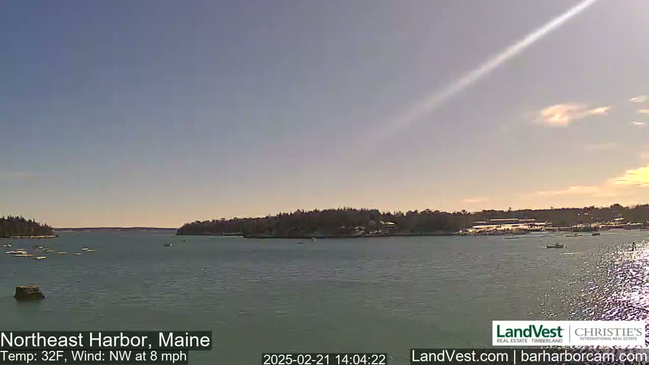 A calm harbor scene with a mostly clear sky and light northwest wind shows a body of water with a few boats and a shoreline with trees and buildings under a partly sunny sky.