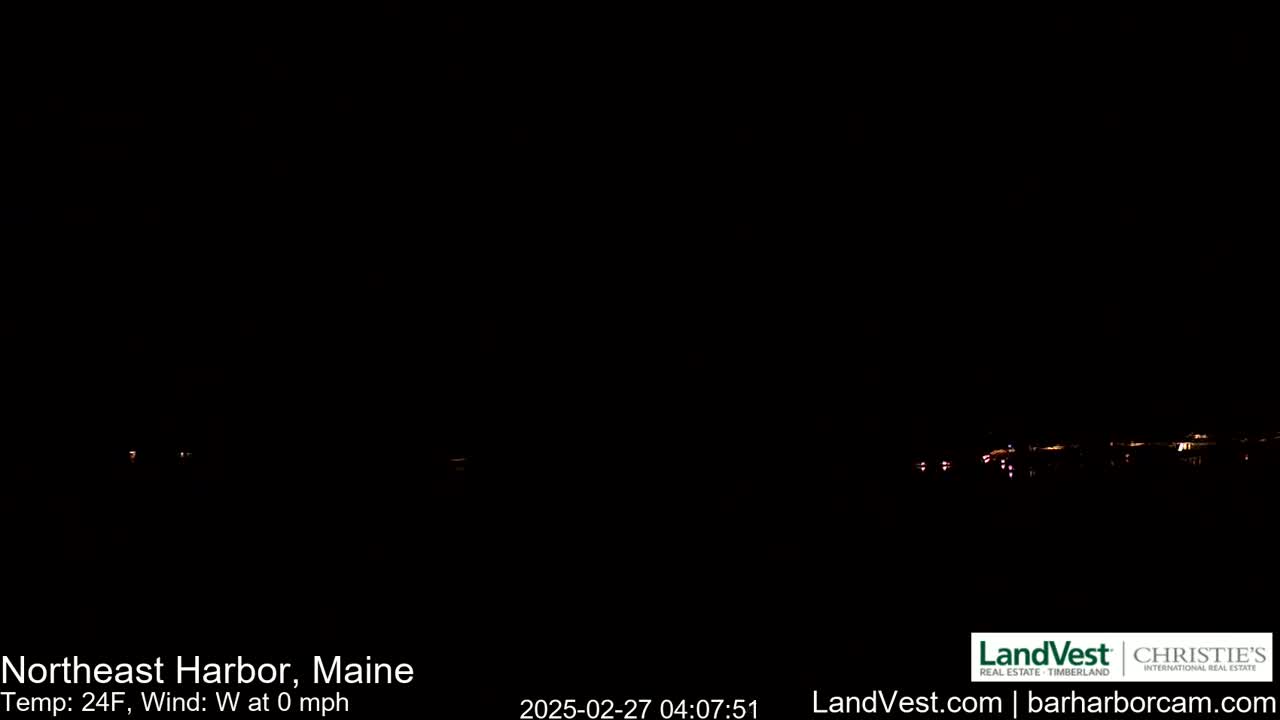 A nighttime long shot of a dark, calm landscape with faintly visible lights in the distance.