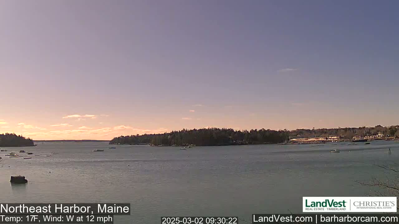A calm body of water, under a pale, clear sky, is surrounded by a low-lying shoreline with dark green trees, in a setting of 17°F weather with a 12 mph westerly wind.