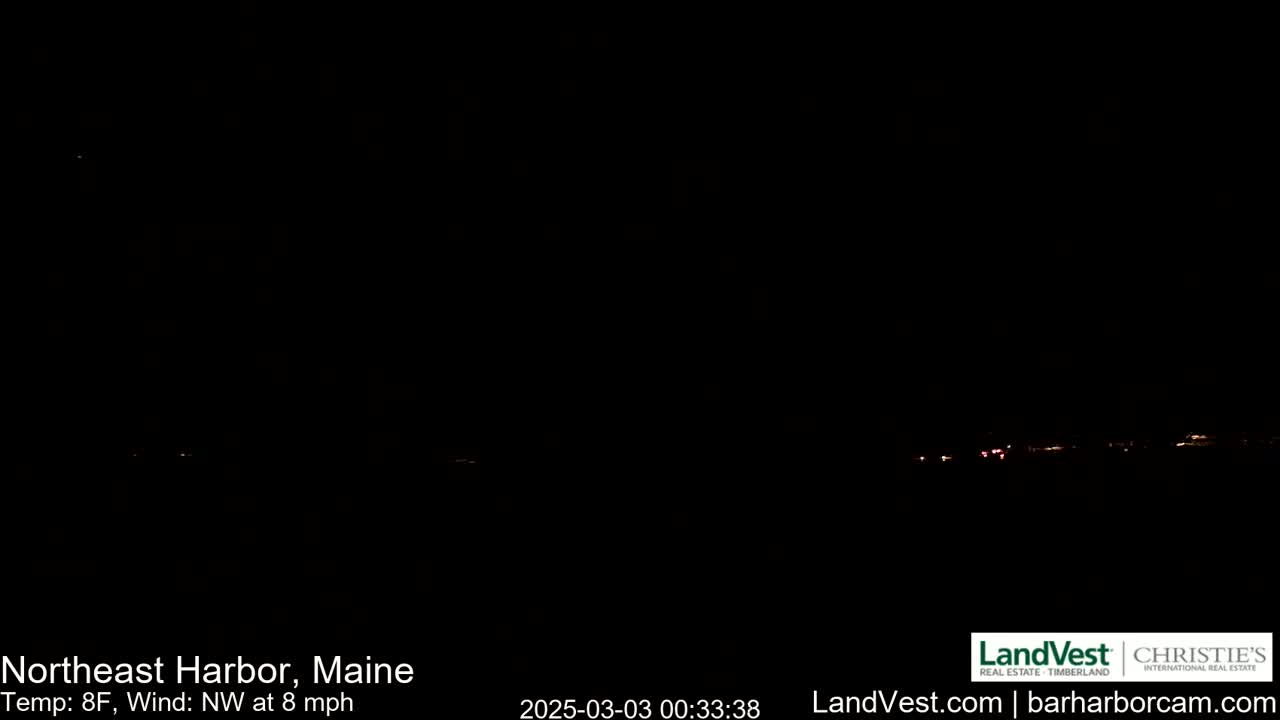 A dark nighttime scene shows a faint line of distant lights on the horizon under a clear, dark sky; the temperature is 8°F with a northwest wind at 8 mph.