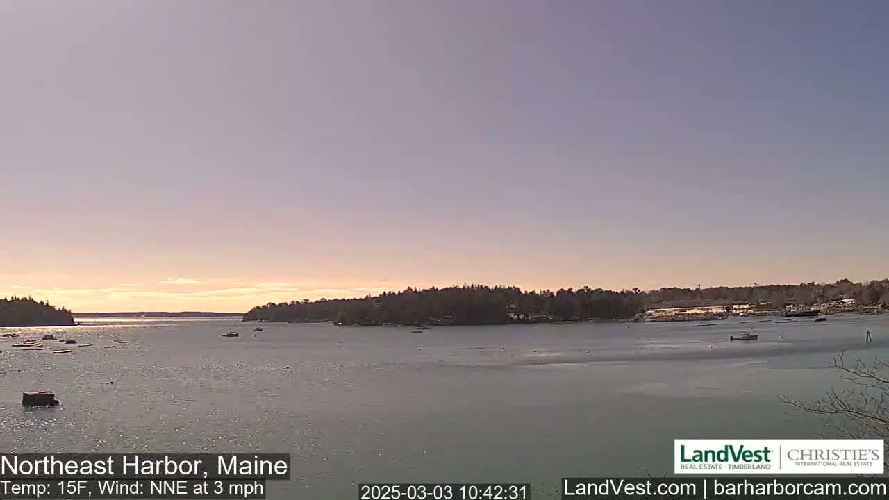 A calm harbor with a few boats is partially frozen under a pale, pinkish sunset.