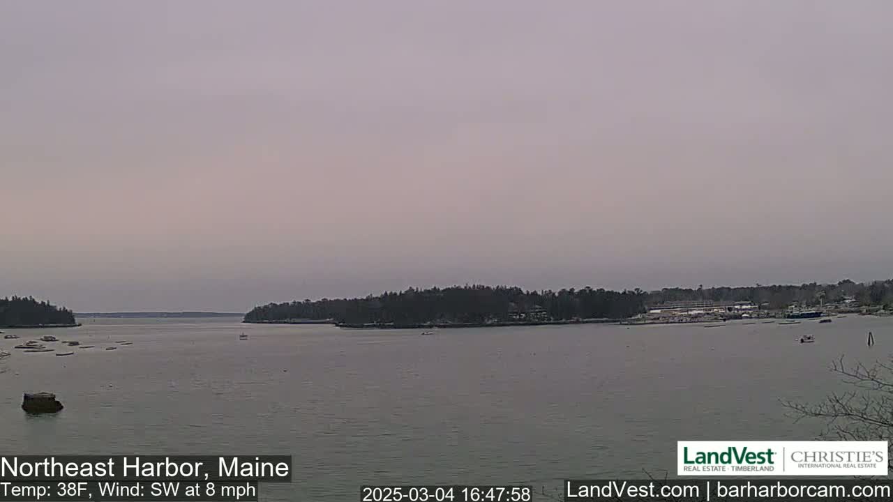 A calm body of water is seen under an overcast sky, with trees and buildings visible on either side of the waterway.