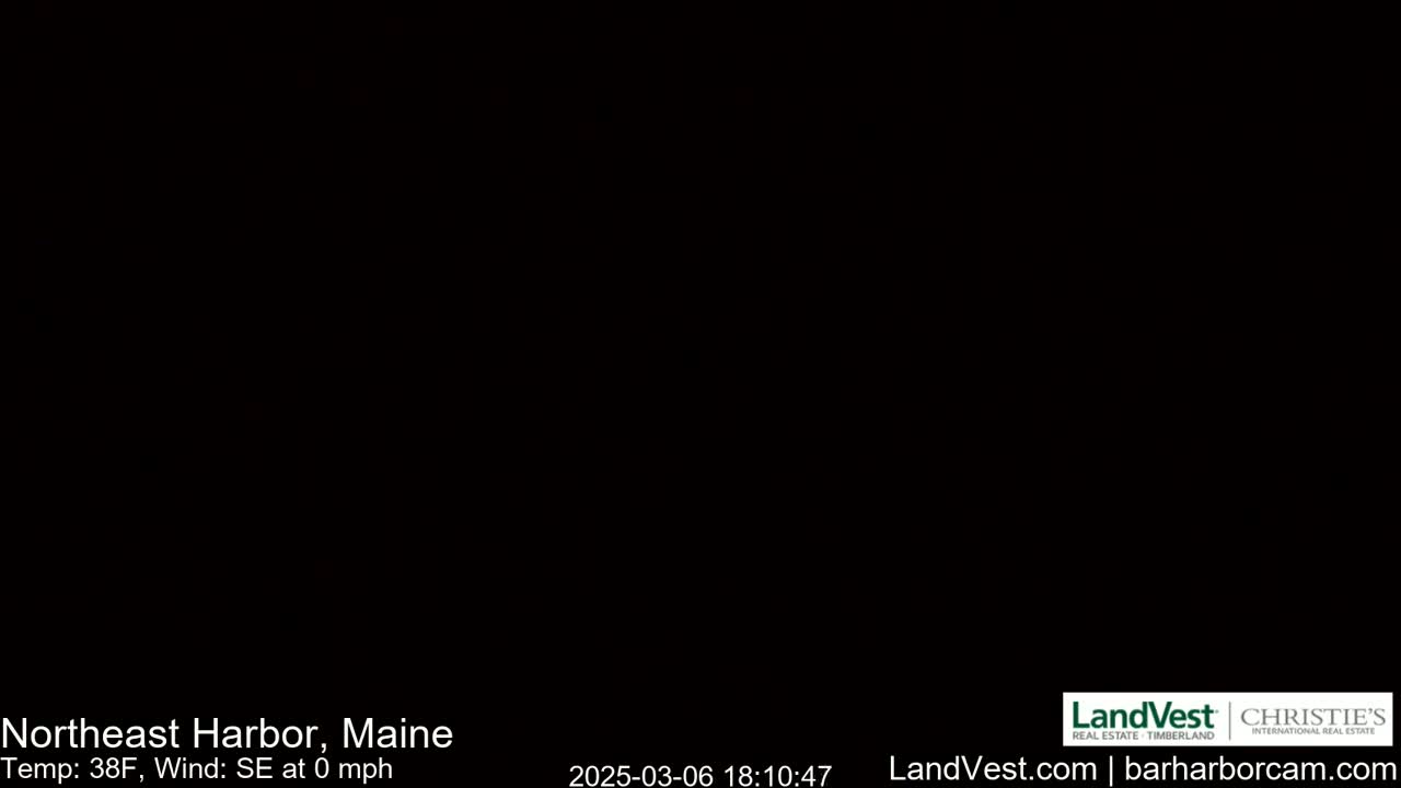 A completely black image depicts a nighttime scene with a temperature of 38°F and a southeast wind of 0 mph.