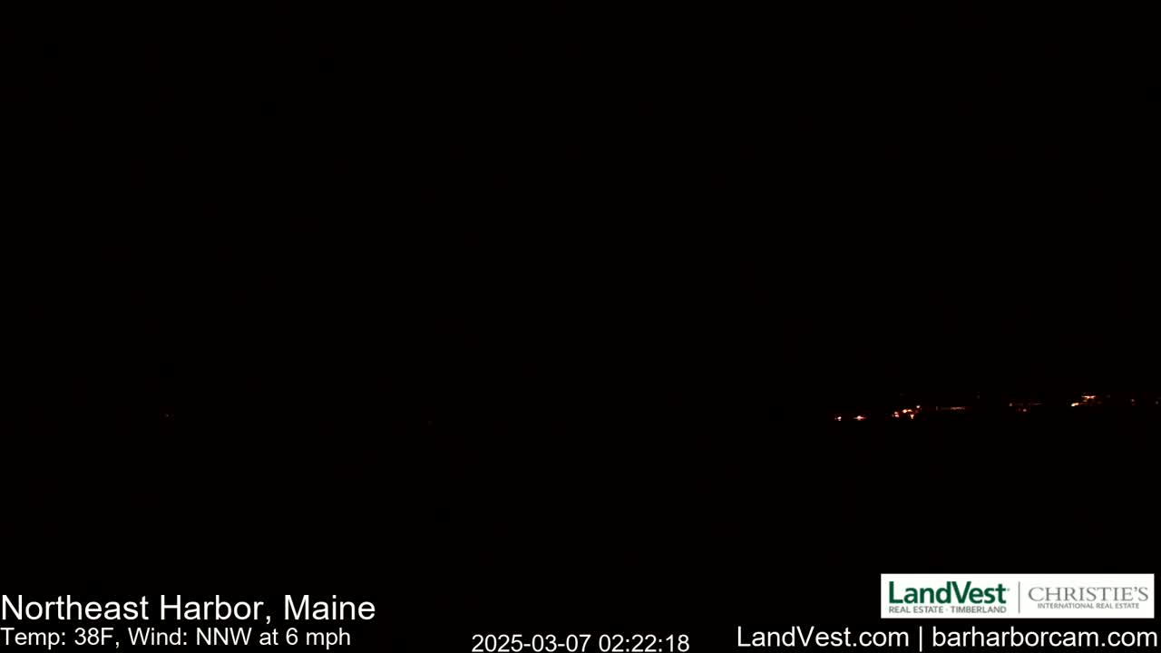 A dark nighttime scene shows a faint line of distant lights on the horizon under a clear sky with a 38°F temperature and a 6 mph northwest wind.
