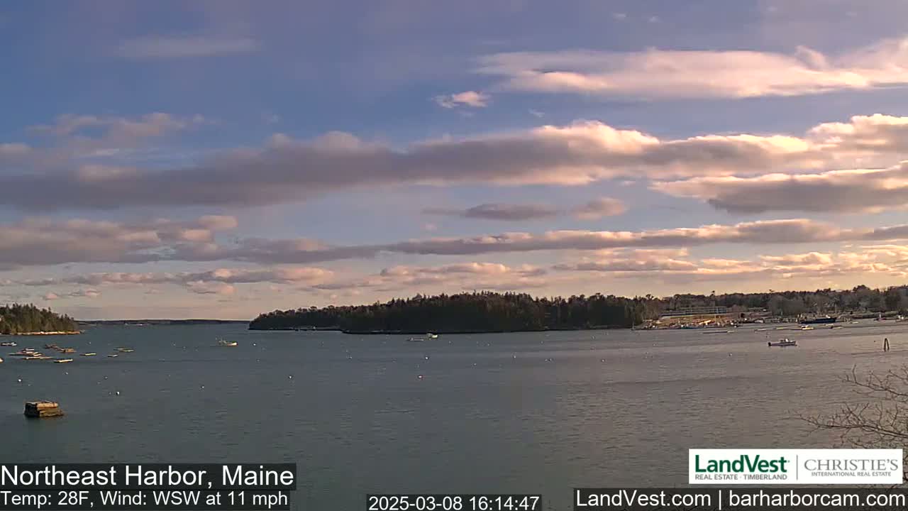 A calm harbor with scattered boats under a partly cloudy sky, a light wind blowing.