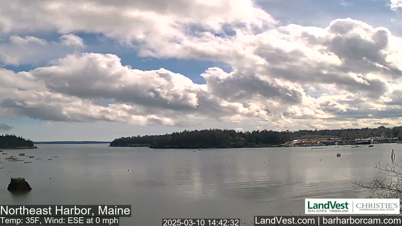 A mostly cloudy sky hangs over a calm harbor with several boats, and tree-lined shores.