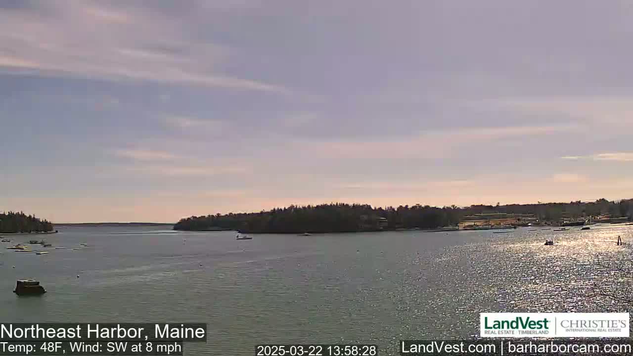 A calm harbor with boats, surrounded by trees under a partly cloudy sky.