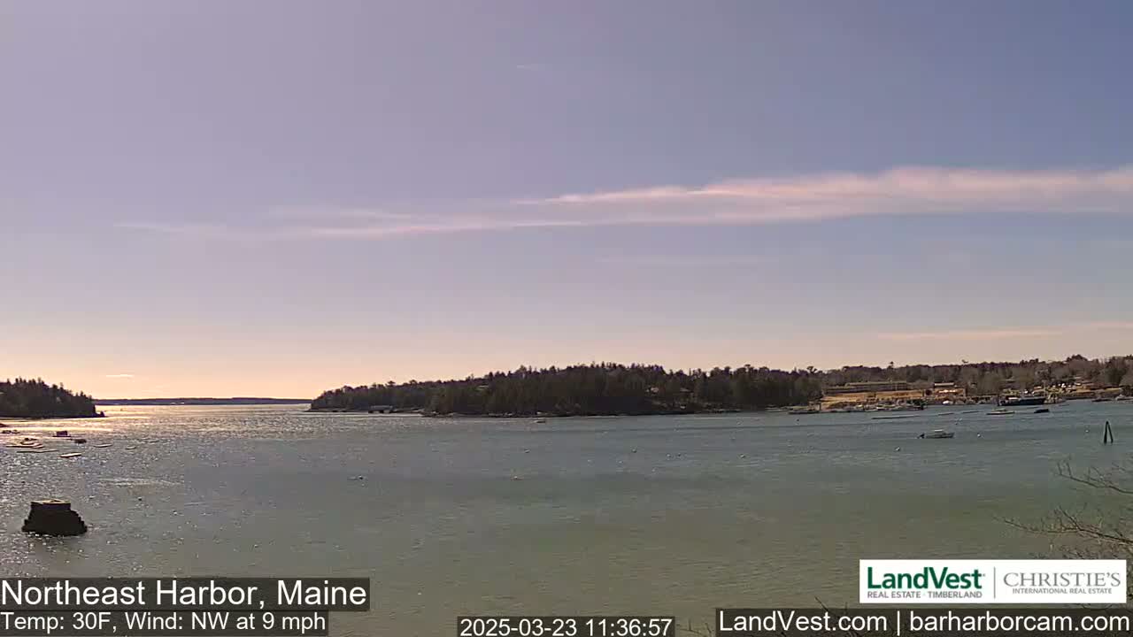 A calm harbor with a  wooded shoreline is visible under a mostly clear, pale sky, with a light northwest wind.