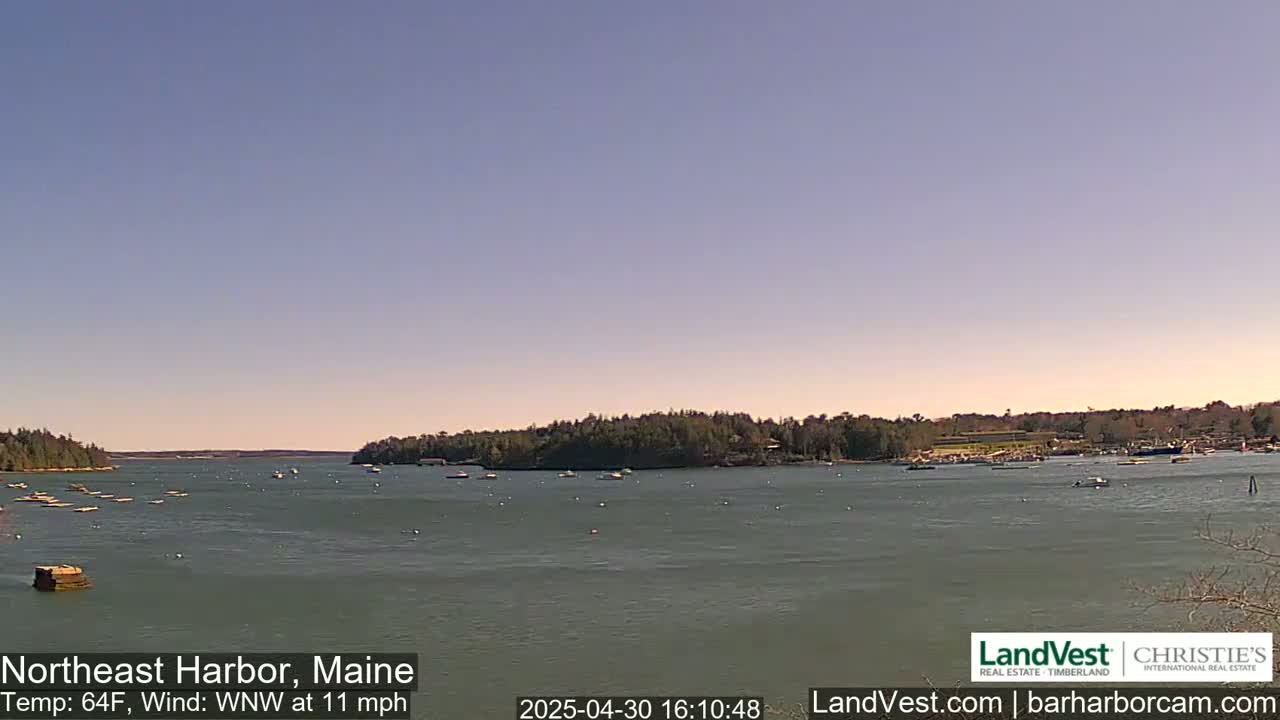 A calm harbor with scattered boats under a clear, light-blue sky.