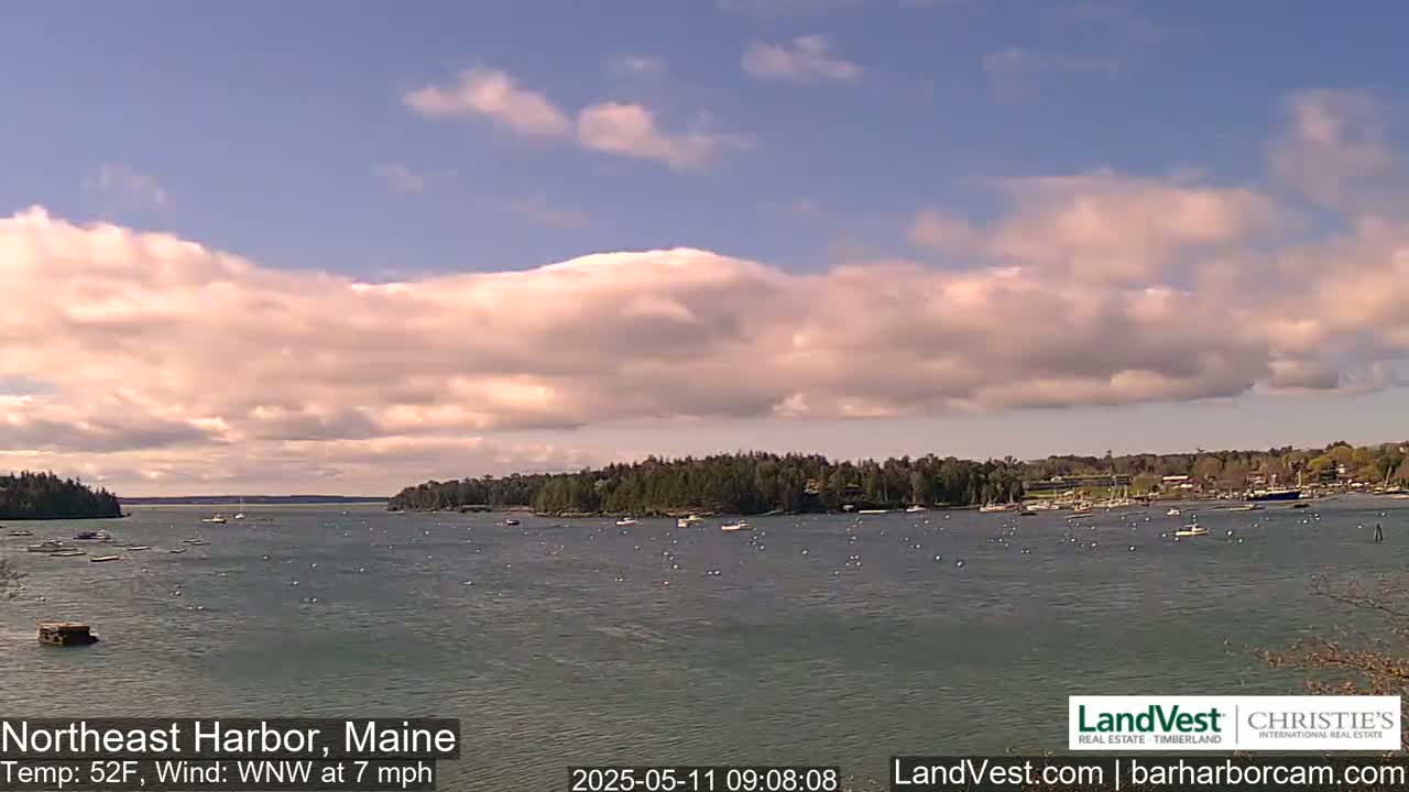 A calm harbor dotted with boats under a partly cloudy sky, with a gentle wind.