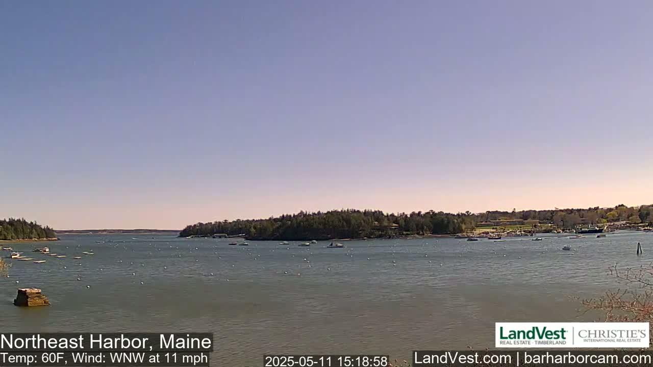A calm harbor with scattered boats under a clear, light-blue sky, a gentle wind blowing from the west-northwest at 11 mph and a temperature of 60°F.