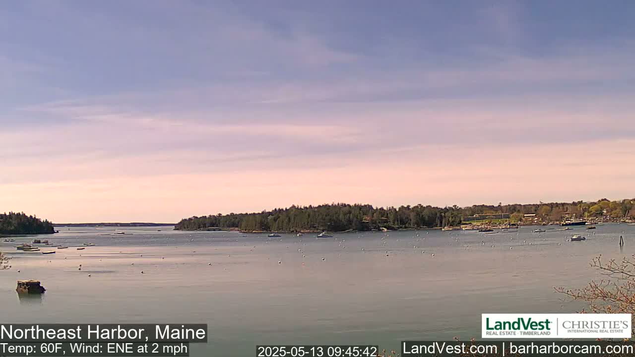 A calm bay with several boats and buoys, under a pale pink and blue sky.